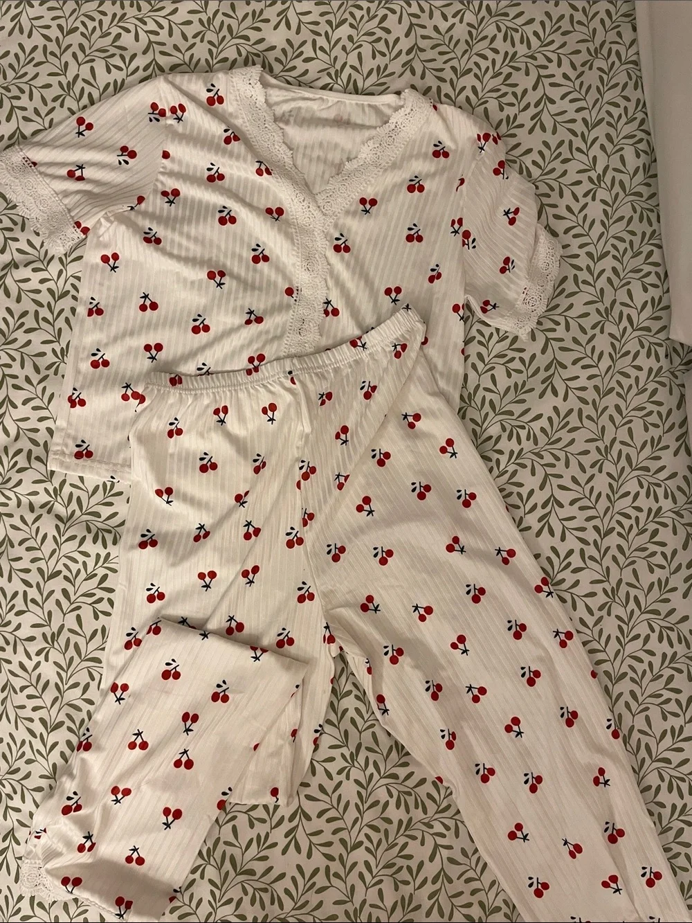 Kids White Cherry-Print Pajama Set - Soft Cotton Blend